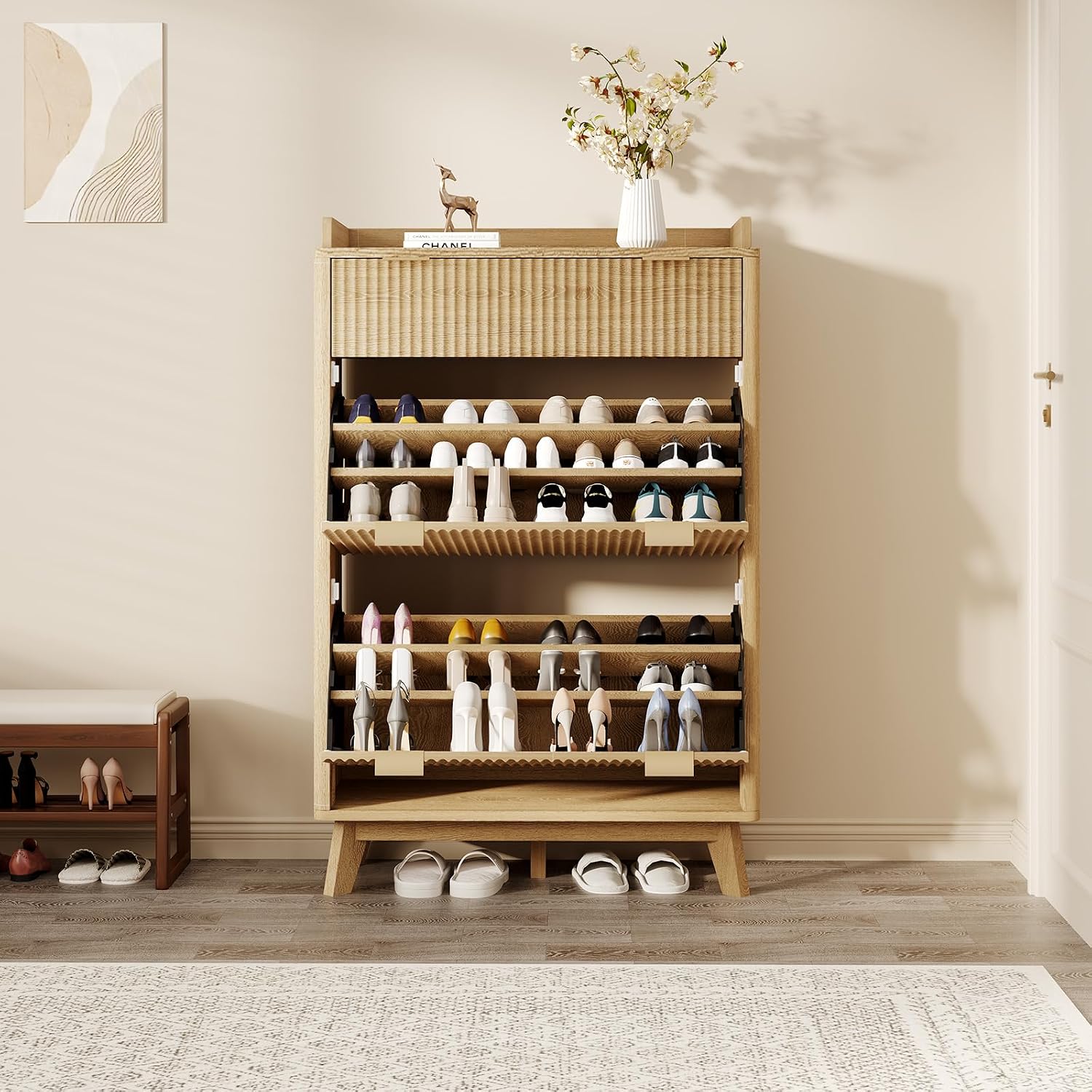 IDEALHOUSE 48' Tall Freestanding Fluted Shoe Storage Cabinet with 2 Flip Drawers, Hidden Narrow Shoe Rack Organizer Cabinet Storage for Entryway Living Room