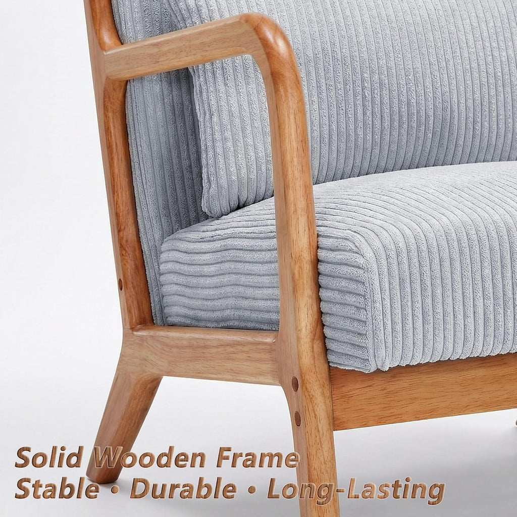Mid Century Modern Accent Chair with Solid Rubberwood Frame, Comfy Corduroy Reading Armchair with Lumbar Pillow, Compact Lounge Chair for Bedroom, Nursery & Small Spaces, Light Grey