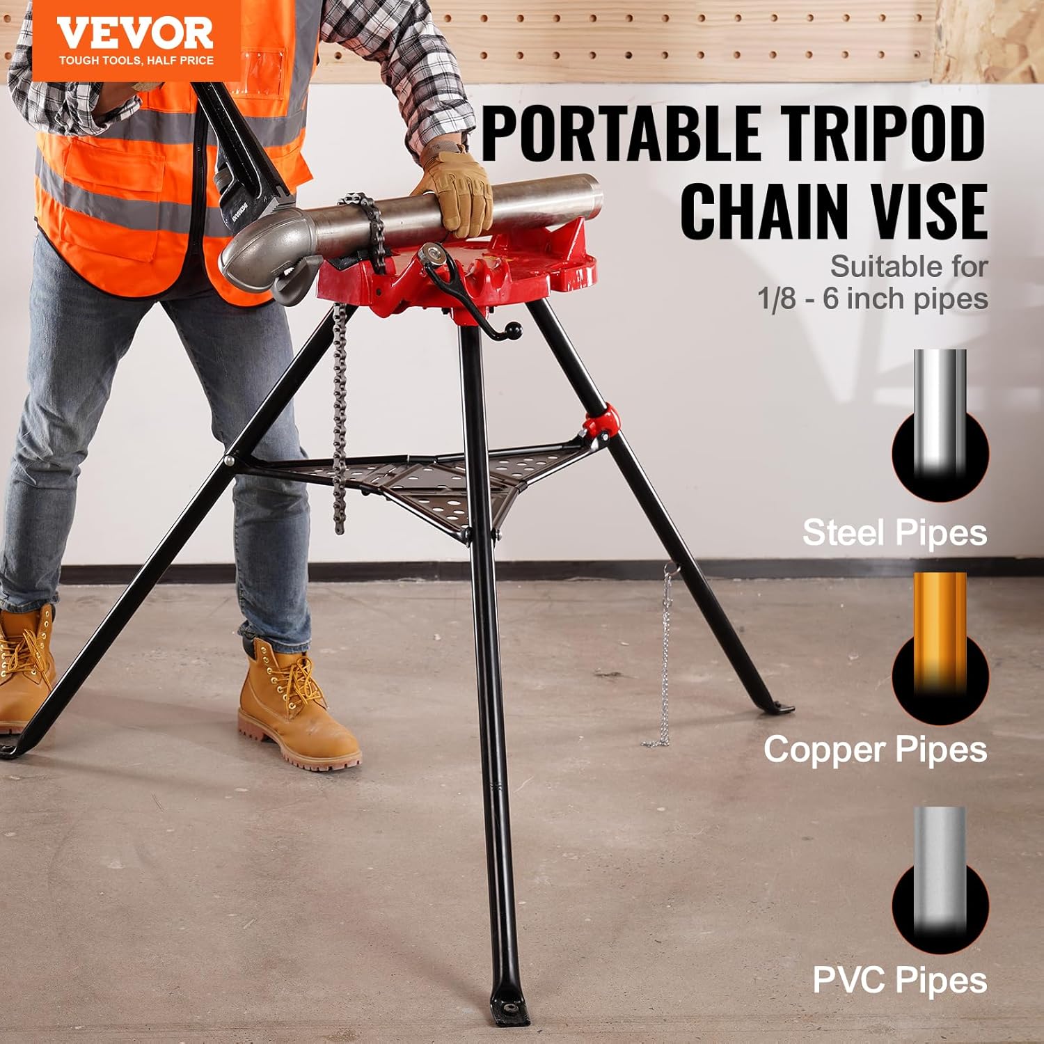 Mophorn 460-6 Tripod Pipe Chain Vise 1/8'-6' Capacity,Pipe Stand Portable Foldable Steel Legs,Pipe Stands w/Tool Tray, Tripod Stand Chain Vise Ideal for a Variety of Pipe Materials