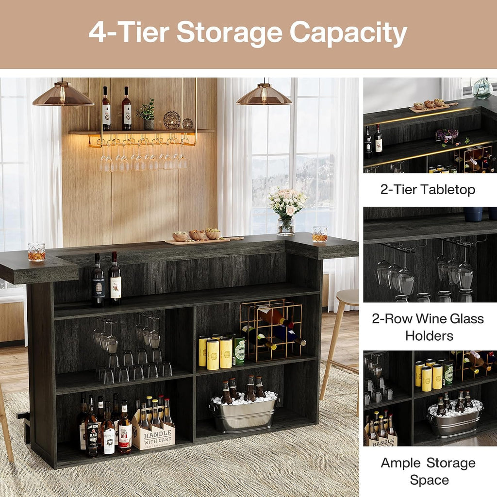 Tribesigns 4-Tier Bar Table, 70.9-Inch Large Wooden Home Bar Unit with Storage Shelves, Pub Table with Wine Glass Holder and Black Footrest for Basement, Dining Room, Living Room, Grey (Grey)