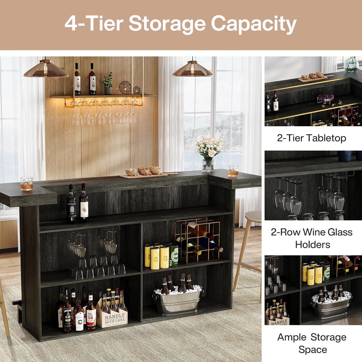 Tribesigns 4-Tier Bar Table, 70.9-Inch Large Wooden Home Bar Unit with Storage Shelves, Pub Table with Wine Glass Holder and Black Footrest for Basement, Dining Room, Living Room, Grey (Grey)