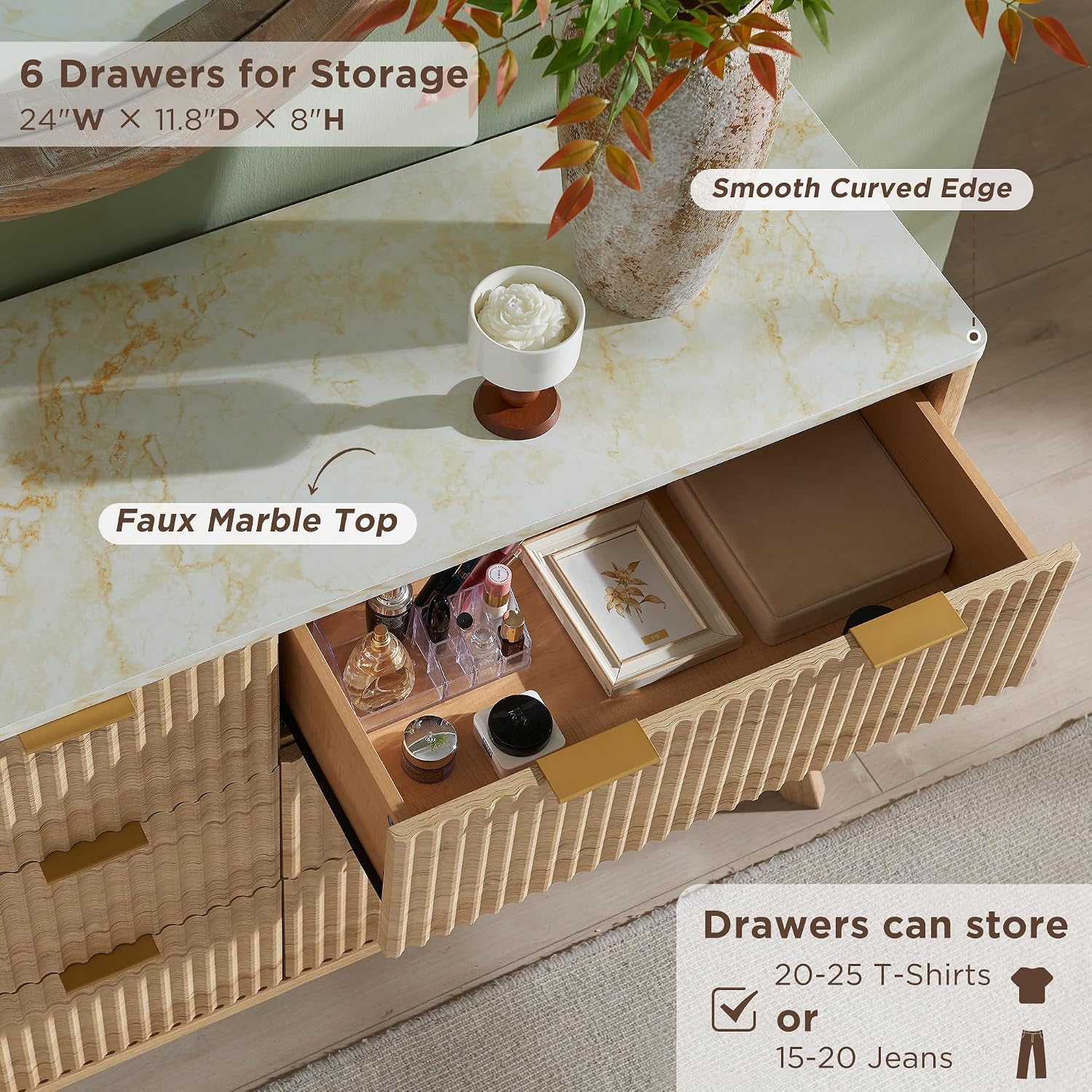 T4TREAM Fluted 6 Drawers Dresser, 54' Wide Modern Chest of Drawers with Faux Marble Top, Curved Profile Design, Dresser TV Stand, Wood Drawer Organizer for Bedroom, Living Room, Hallway, Natural Oak