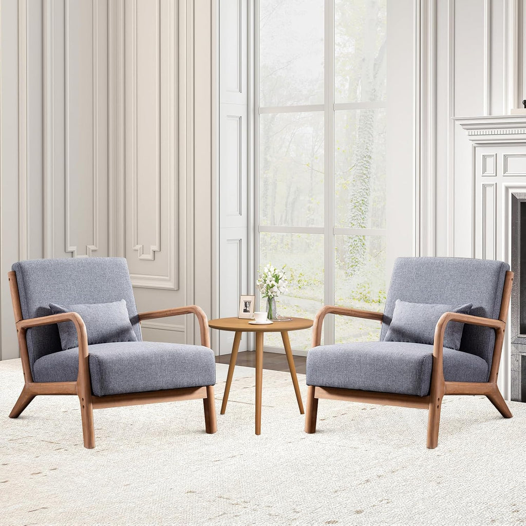 ANJ Mid Century Modern Accent Chairs Set of 2, Comfy Fabric Reading Chair with Solid Wood Frame, Easy Assembly Armchair for Living Room,Grey