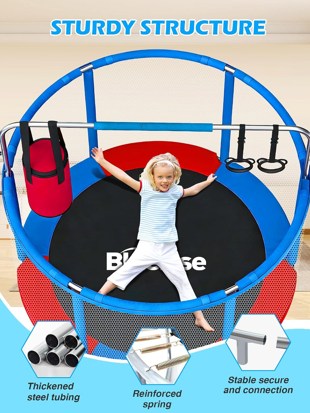BLUERISE 60' Trampoline for Kids 5FT Toddler Trampolines Indoor/Outdoor with Adjustable Gymnastics Bar & Safety Net, No-Gap Design, Anti-Rollover Bottom, Basketball Hoop, Gifts for Boys & Girls
