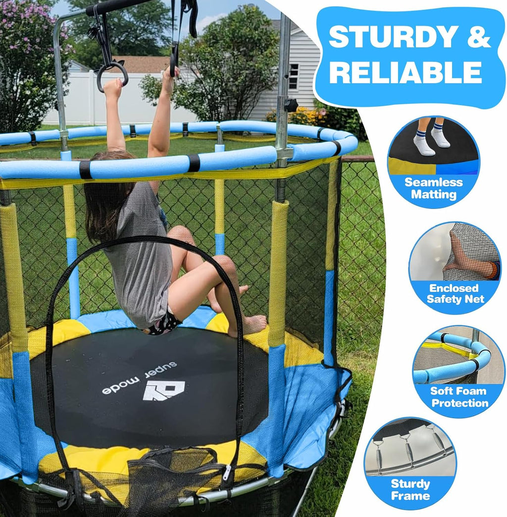 55' Indoor & Outdoor Trampoline for Kids with Enclosure, Toddler Trampoline with Adjustable Gymnastics Bar & Toys, No-Gap Safety Design