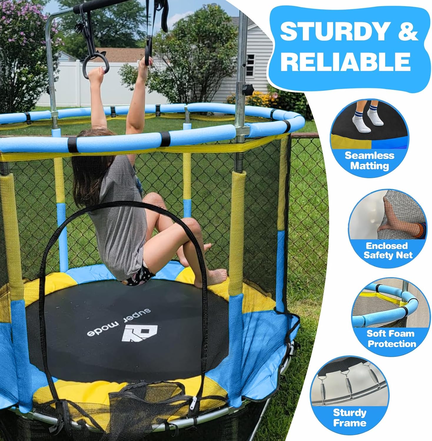 55' Indoor & Outdoor Trampoline for Kids with Enclosure, Toddler Trampoline with Adjustable Gymnastics Bar & Toys, No-Gap Safety Design