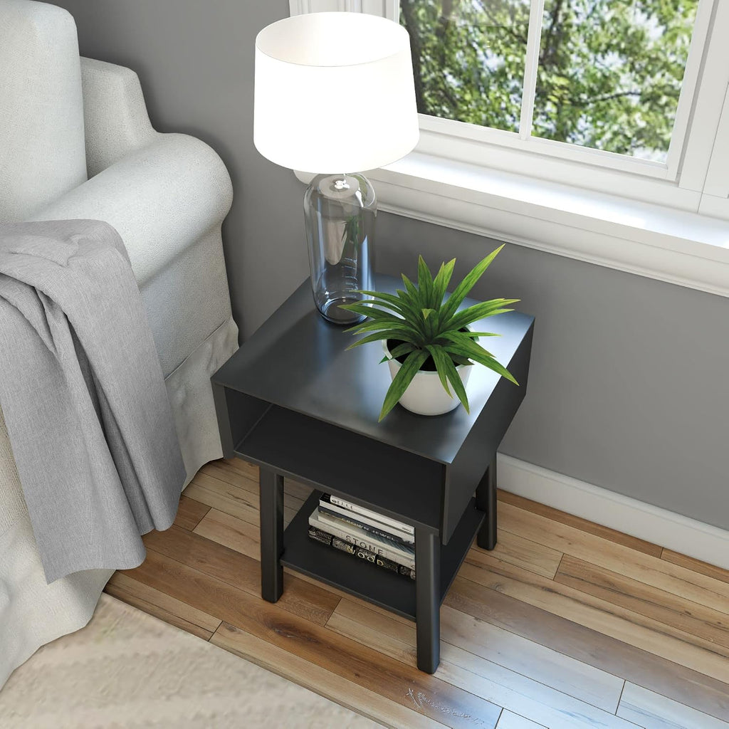 Plank+Beam Wooden Side Table with Cubby Storage Shelf, Mid Century Modern End Tables for Living Room, Small Solid Wood Nightstand, Bedside Tables, Bedroom Furniture, Black