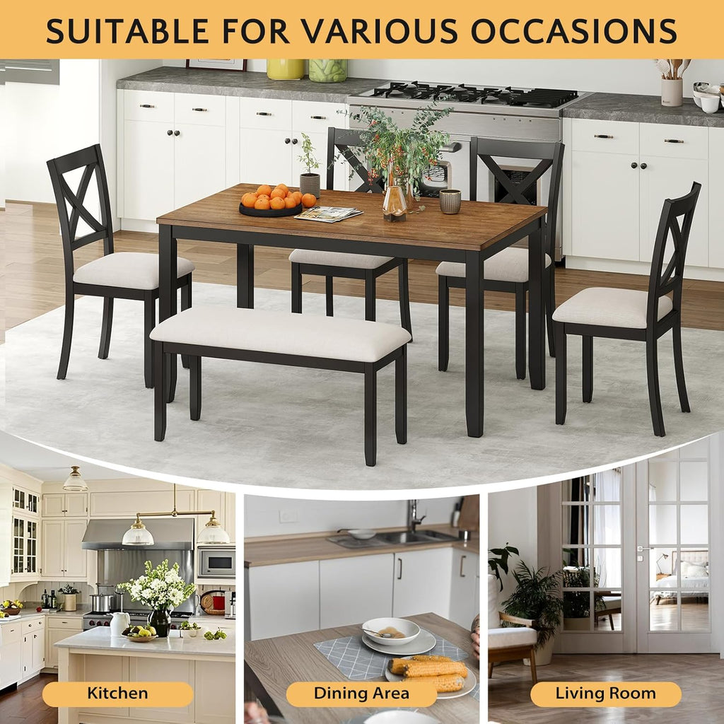Zevemomo 6-Piece Solid Wood Dining Table Set, Including 1 Dining Table, 4 Upholstered Chairs and 1 Bench, Farmhouse Wooden Legs Dining Table Set for Living Room, Kitchen, Black