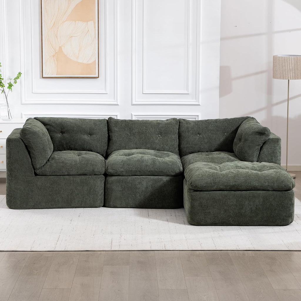 Tufted Cushions Cloud Sectional Boneless Sectional Sofa with Movable Ottoman, 112' Oversized Modular Convertible L Shaped Corner Couch with Deep Seat,Memory Foam Compressed Sofa
