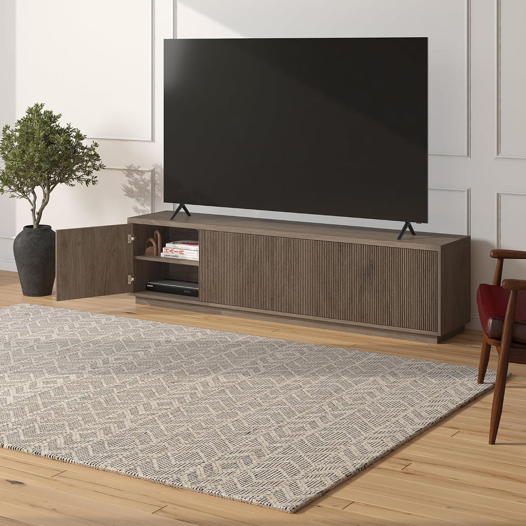 Henn&Hart Fluted TV Stand for TVs up to 85' with 2 Concealed Ribbed Storage Cabinets and Adjustable Shelves for Living Room, Family Room, or Office, Weathered Gray