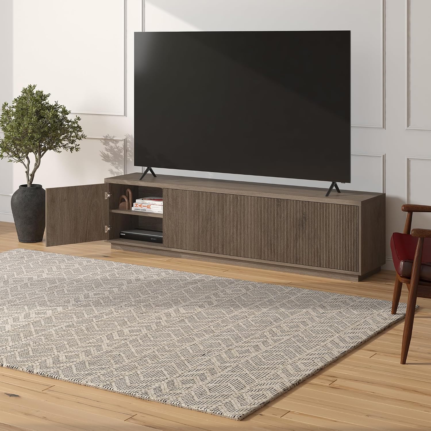 Henn&Hart Fluted TV Stand for TVs up to 85' with 2 Concealed Ribbed Storage Cabinets and Adjustable Shelves for Living Room, Family Room, or Office, Weathered Gray