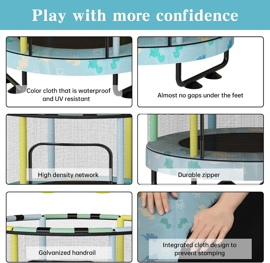 LAMERGE 55' 7-in-1 Round Trampoline for Kids Boys & Girls Ages 1-8, Indoor & Outdoor Trampoline for Fun, Adjustable Height Handrail ＆ Enclosed Safety Net ＆ Durable Designs for Toddlers Children