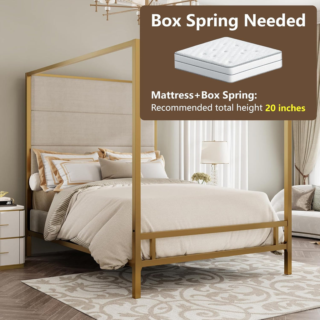 Merax King Size Gold Metal Canopy Bed Frame, Modern Upholstered Linen Headboard with Tall Back Support, 800 lbs Weight Capacity, Luxurious 4-Poster Bedroom Furniture for Modern Home, Gold+Tan