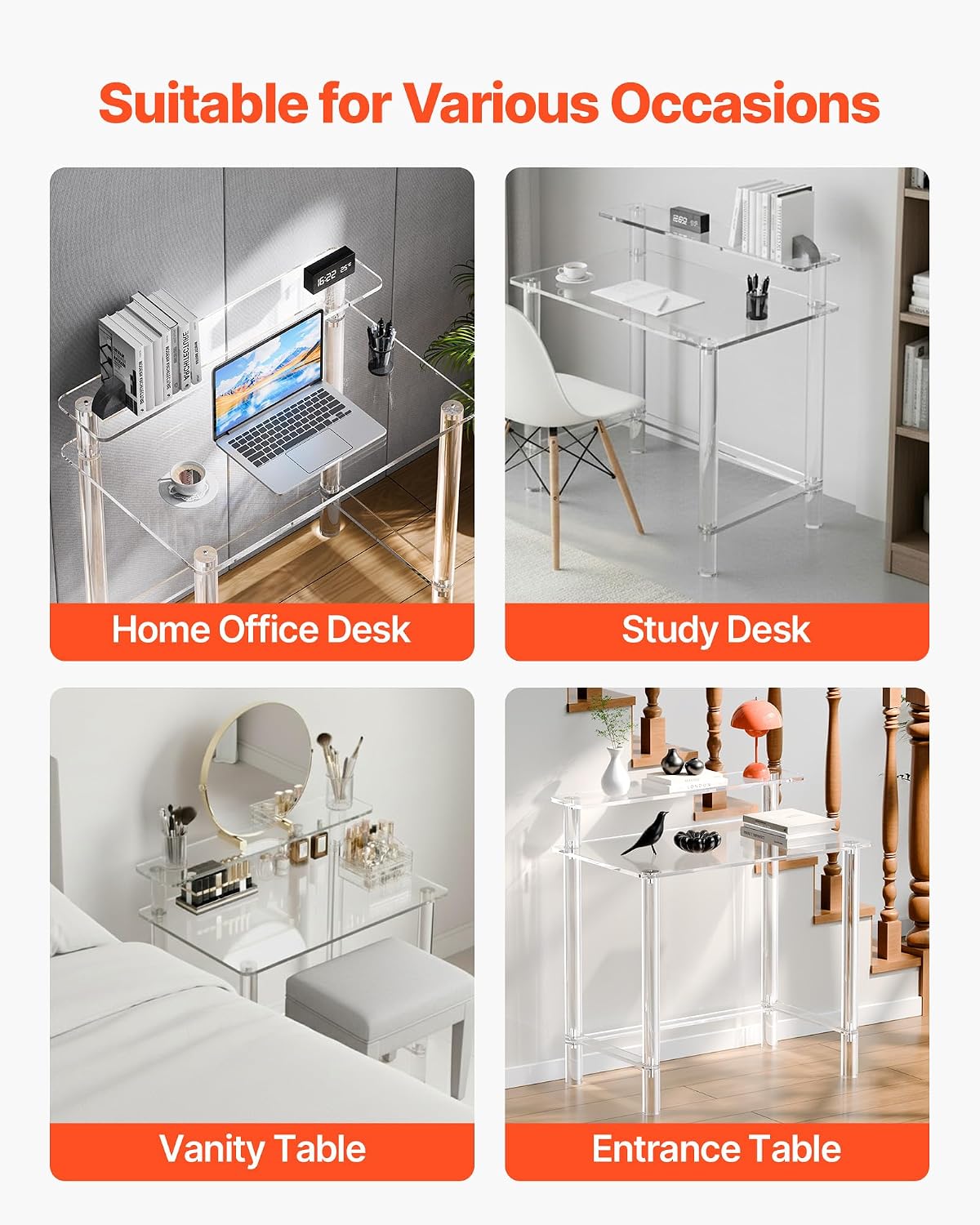 VEVOR Acrylic Desk with Monitor Stand, 2-Tier Clear Table Study Writing Desk, Modern Computer Desk for Home Office, Study, Bedroom Vanity, Living Room, 31.5' W x 19.7'' D x 34.7' H