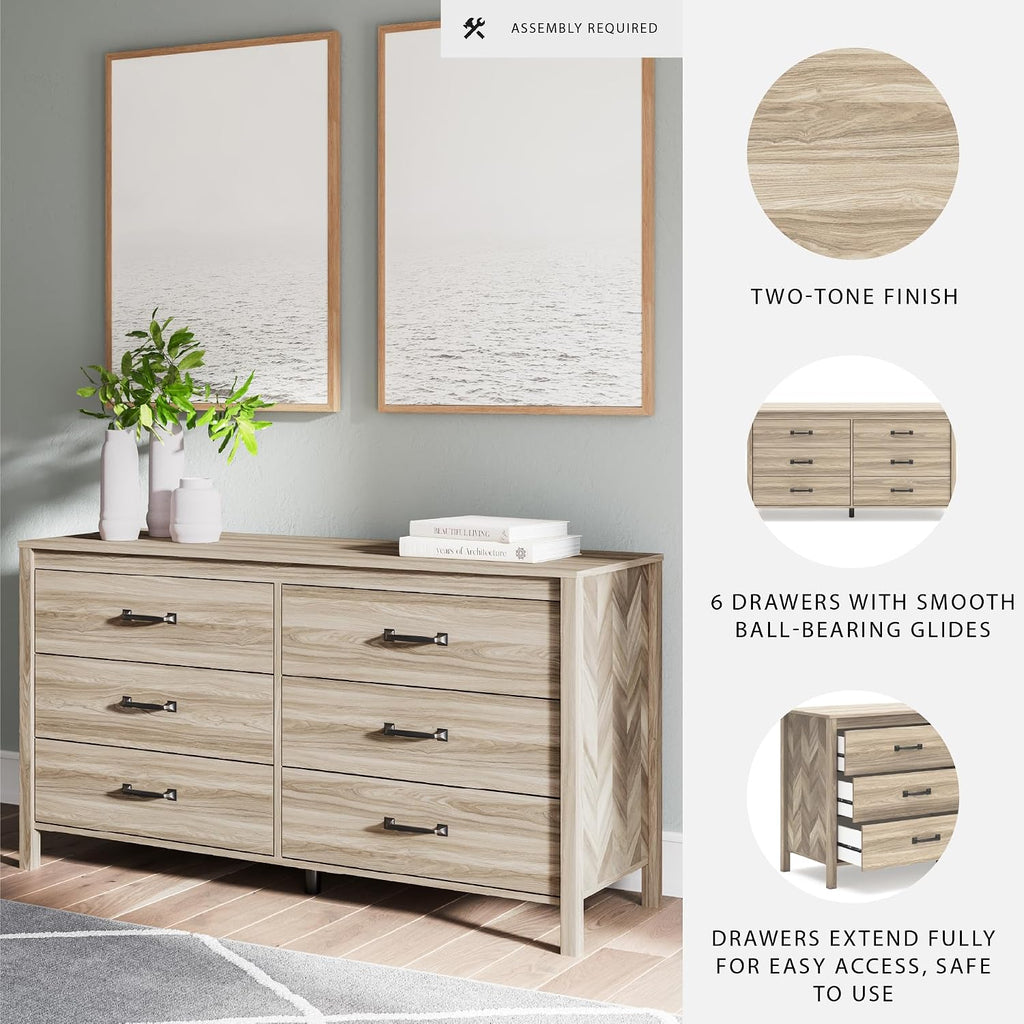 Signature Design by Ashley Battelle Mid-Century Modern Dresser with 6 Drawers and Chevron Pattern, Meets ASTM International Standards, Wood and Decorative Laminate, Tan