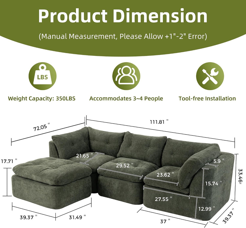 Tufted Cushions Cloud Sectional Boneless Sectional Sofa with Movable Ottoman, 112' Oversized Modular Convertible L Shaped Corner Couch with Deep Seat,Memory Foam Compressed Sofa