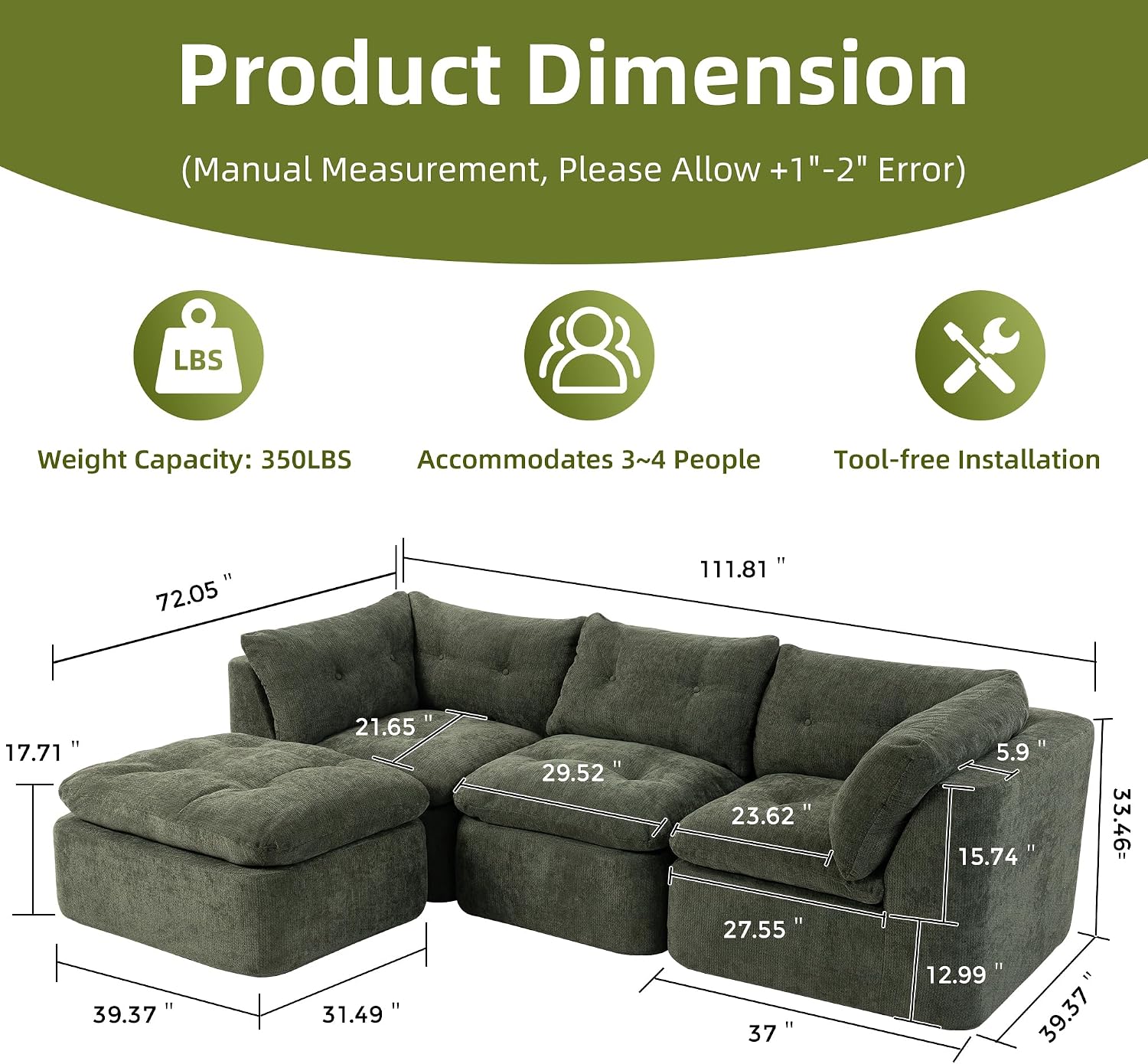 Tufted Cushions Cloud Sectional Boneless Sectional Sofa with Movable Ottoman, 112' Oversized Modular Convertible L Shaped Corner Couch with Deep Seat,Memory Foam Compressed Sofa