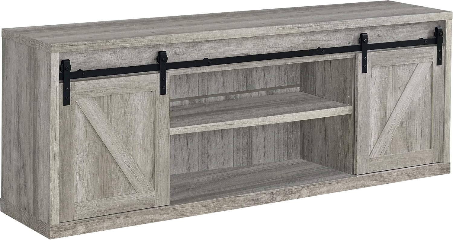 Coaster Home Furnishings - Brockton - Engineered Wood - 71-inch TV Stand with Sliding Barn Doors, Adjustable Shelf, and Driftwood Finish - Living Room - Gray - 723263