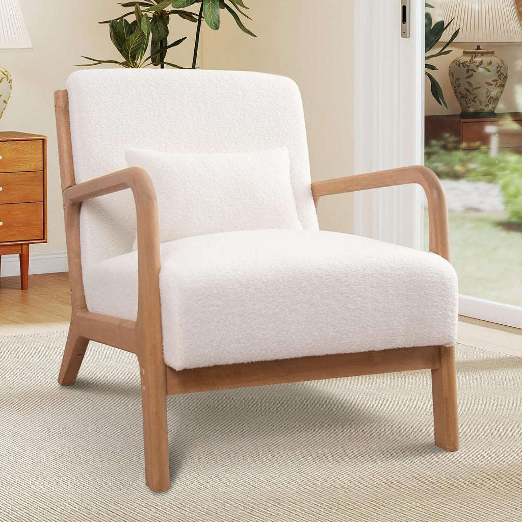 ANJ Mid Century Modern Accent Chair, Single Fabric Lounge Reading Armchair with Solid Wood Frame, Easy Assembly Arm Chairs for Living Room, White