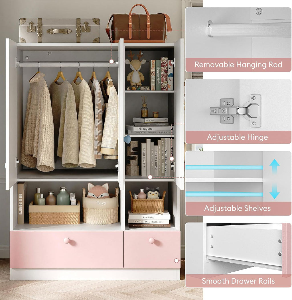White Armoire Wardrobe Closet with Hanging Rod - Freestanding 3-Door Wooden Wardrobe Cabinet Closet for Bedroom & Dorm, Bedroom Armoires, Features Adjustable Shelves and Drawers for Toys & Clothes