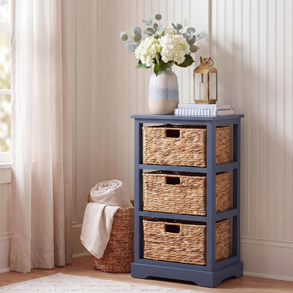 SAFAVIEH Furniture - Halle 3-Basket Side Table - Blue - Solid Wood - Coastal Basket Storage Design - Ideal for Living Room, Entryway, Home Office, 17.5'W x 13.5'D x 29.5'H - Fully Assembled (AMH5738H)