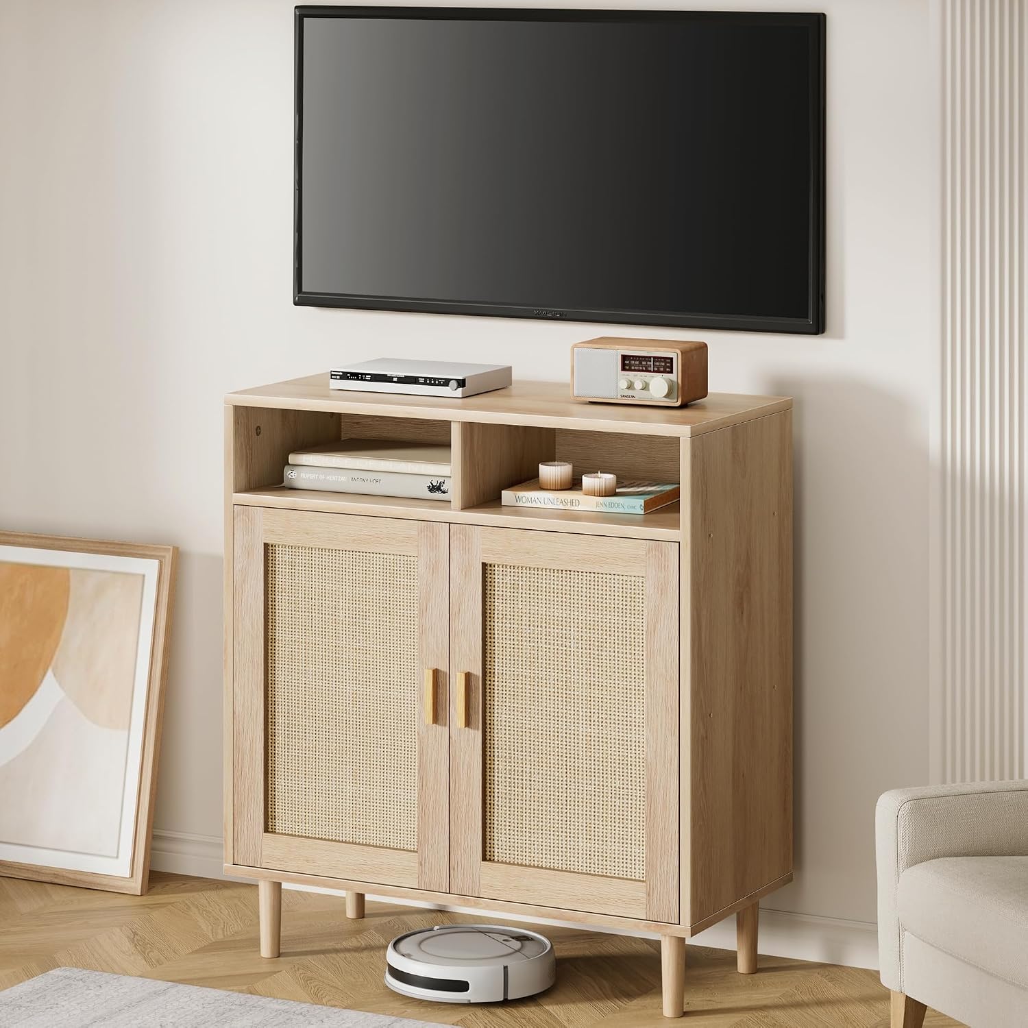 IDEALHOUSE Sideboard Buffet Storage Cabinet, Rattan Kitchen Cabinet with 2 Doors/Shelf, Accent Modern Dining Living Room Entry Hallway Coffee Bar Furniture for Home Decor,36''H