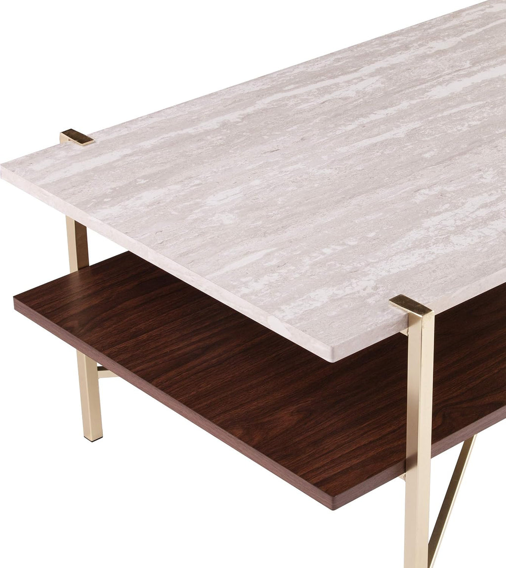 SEI Furniture Ardmillan Rectangular 47' Cocktail Table w/Storage, Brass and Dark Tobacco Finish w/White Faux Travertine