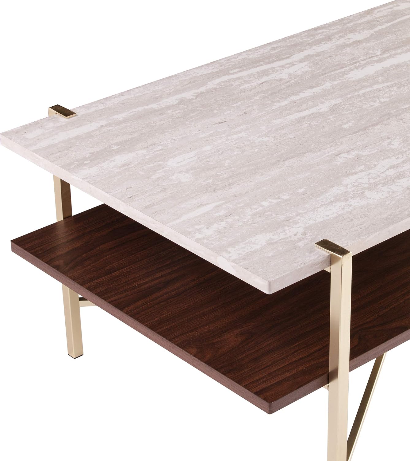 SEI Furniture Ardmillan Rectangular 47' Cocktail Table w/Storage, Brass and Dark Tobacco Finish w/White Faux Travertine