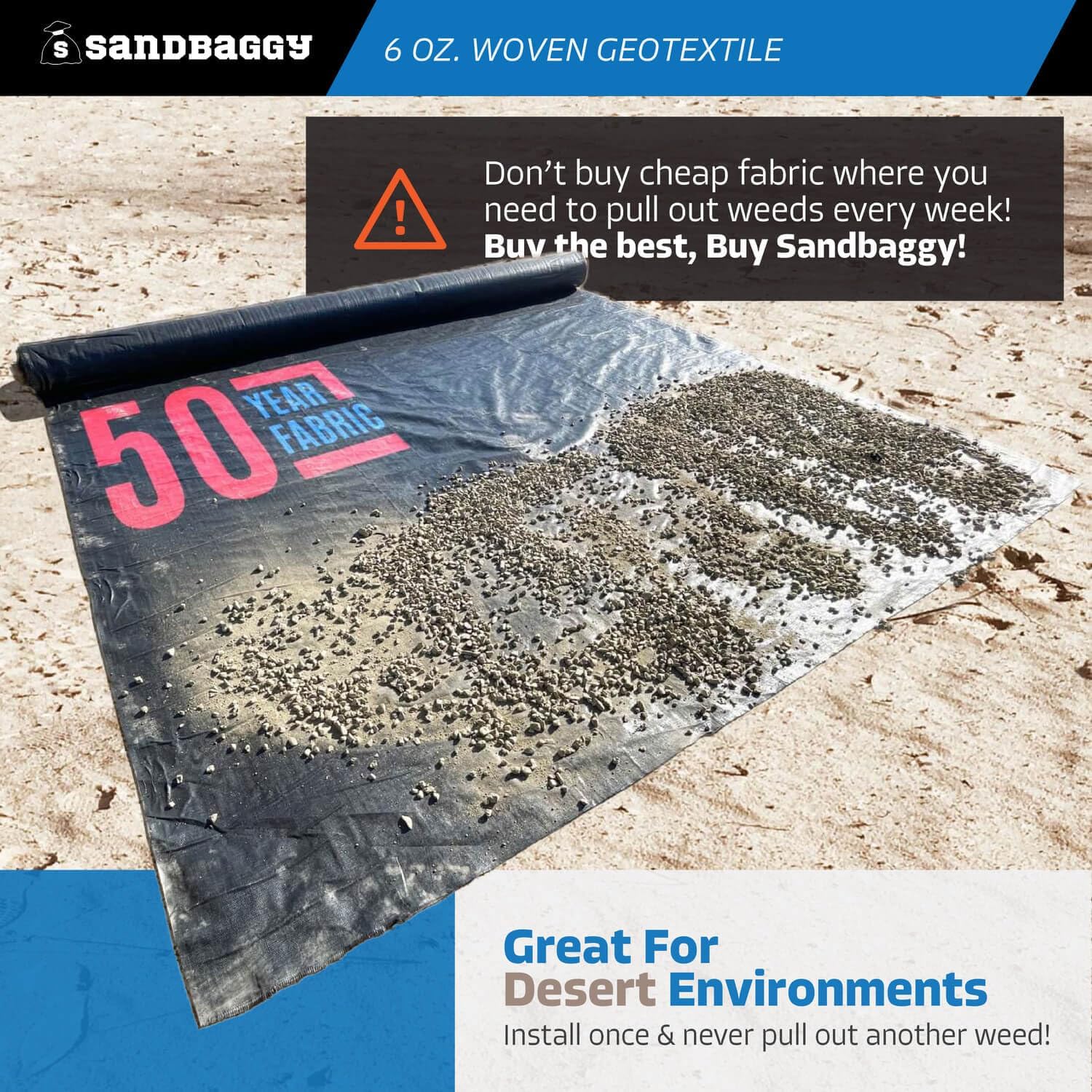 Sandbaggy 6 oz Heavy Duty Woven Geotextile Landscape Fabric (15 ft Wide) | 50 Year Fabric | 2X Thicker | Soil Stabilization & Separation | Roads, Driveways, Retaining Walls (15 ft x 25 ft, 1, Count)