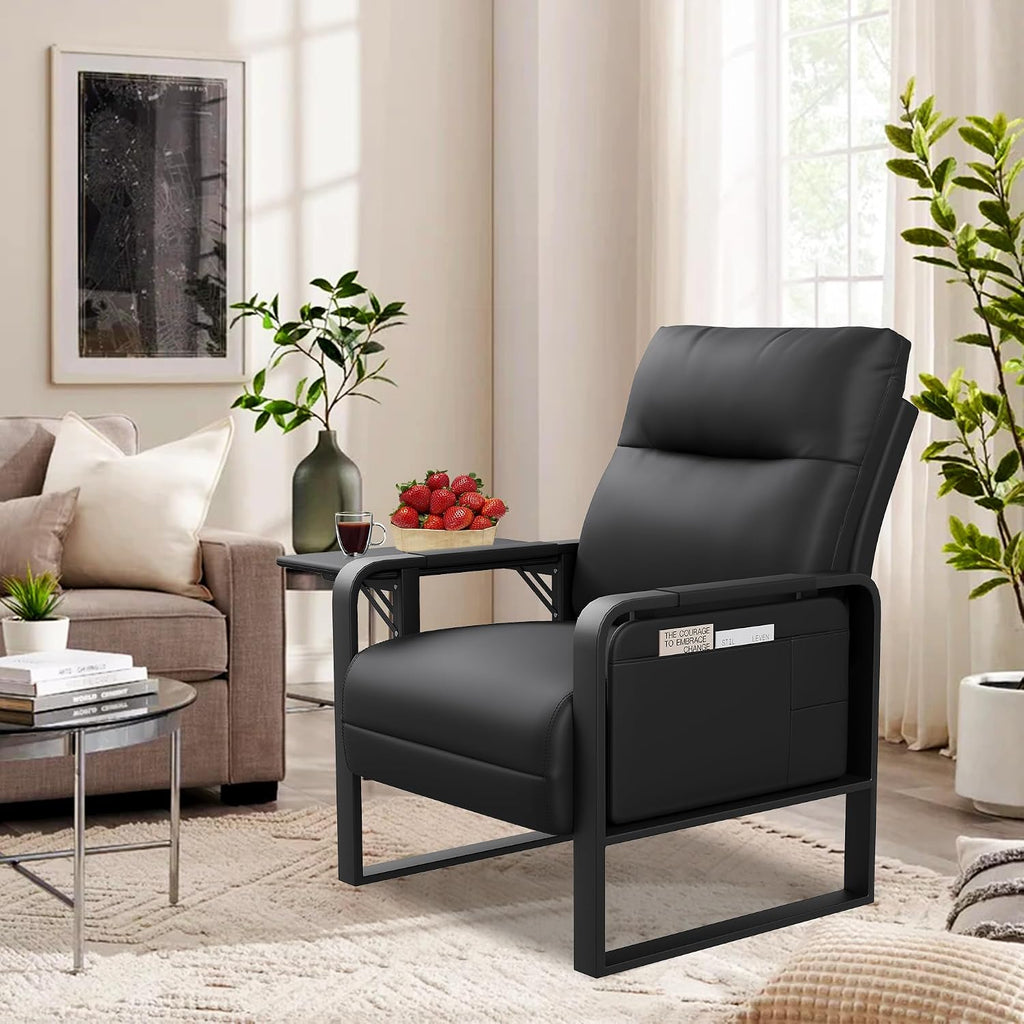 Modern Black Accent Chair PU Leather Upholstered Armchair with Foldable Side Table for Bedroom Living Room Chairs Office Chair