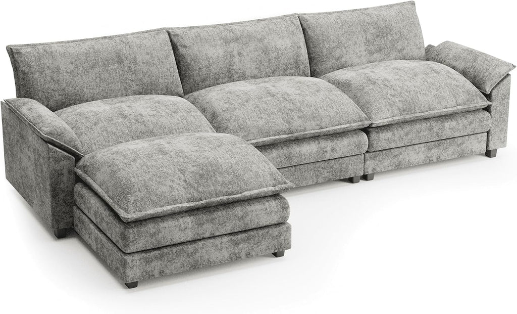 Shahoo Sectional Modular Sofa L Shaped Chenille Fabric Couch with High Supportive & Soft Sponges and Removable Ottoman, Sleeper Comfy Upholstered Furniture for Living Room, Grey