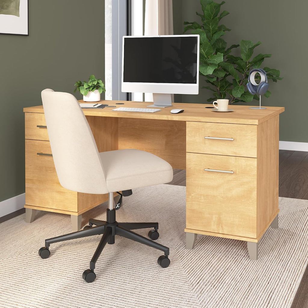 Bush Home 60-Inch Office Desk with Drawers, Computer Desk with File and Box Drawers, Home Office Workstation with Storage Cabinet, Writing Desk Furniture, Somerset Collection, Maple Cross
