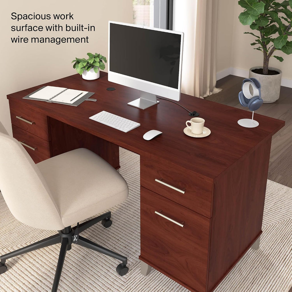 Bush Home 60-Inch Office Desk with Drawers, Computer Desk with File and Box Drawers, Home Office Workstation with Storage Cabinet, Writing Desk Furniture, Somerset Collection, Hansen Cherry