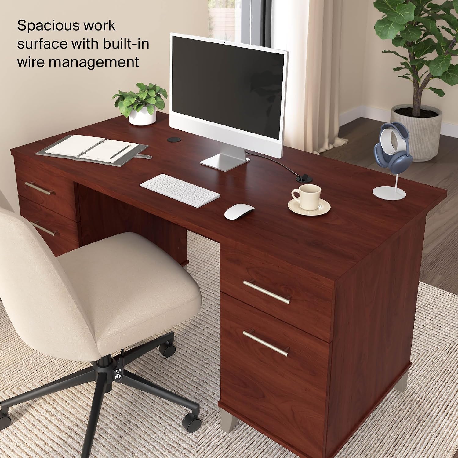 Bush Home 60-Inch Office Desk with Drawers, Computer Desk with File and Box Drawers, Home Office Workstation with Storage Cabinet, Writing Desk Furniture, Somerset Collection, Hansen Cherry