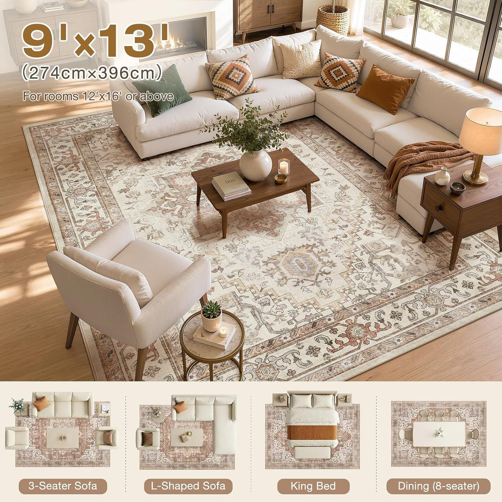 Washable Rug 9x13 Area Rugs: Boho Vintage Distressed Oriental Medallion Neutral Thin Large Rug Carpet for Living Room Bedroom Dining Room Home Office Decor - Beige
