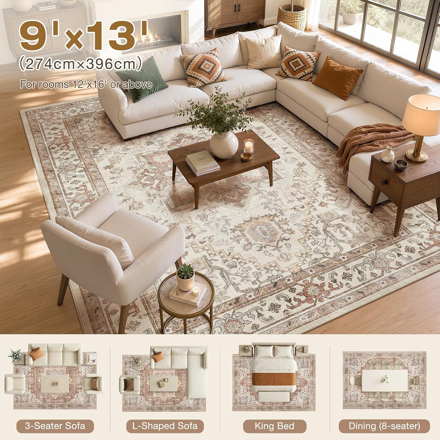 Washable Rug 9x13 Area Rugs: Boho Vintage Distressed Oriental Medallion Neutral Thin Large Rug Carpet for Living Room Bedroom Dining Room Home Office Decor - Beige