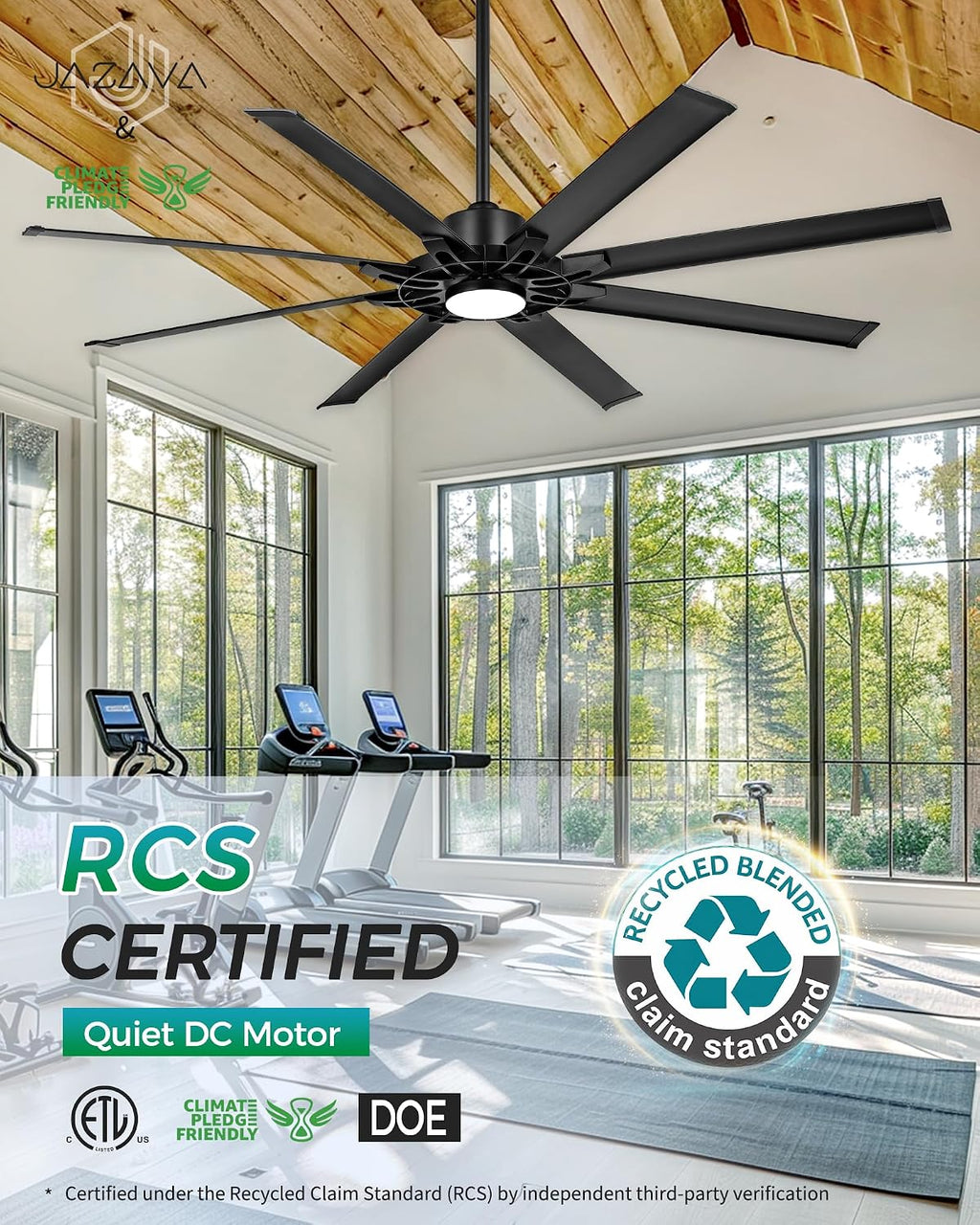72 Inch Ceiling Fan With Light, Industrial Ceiling Fan With 8 Aluminium Metal Blades, Smart Fan Compatible with Alexa, Garage Indoor Fan For Living Room and Patio, ZCCF05ABK-72