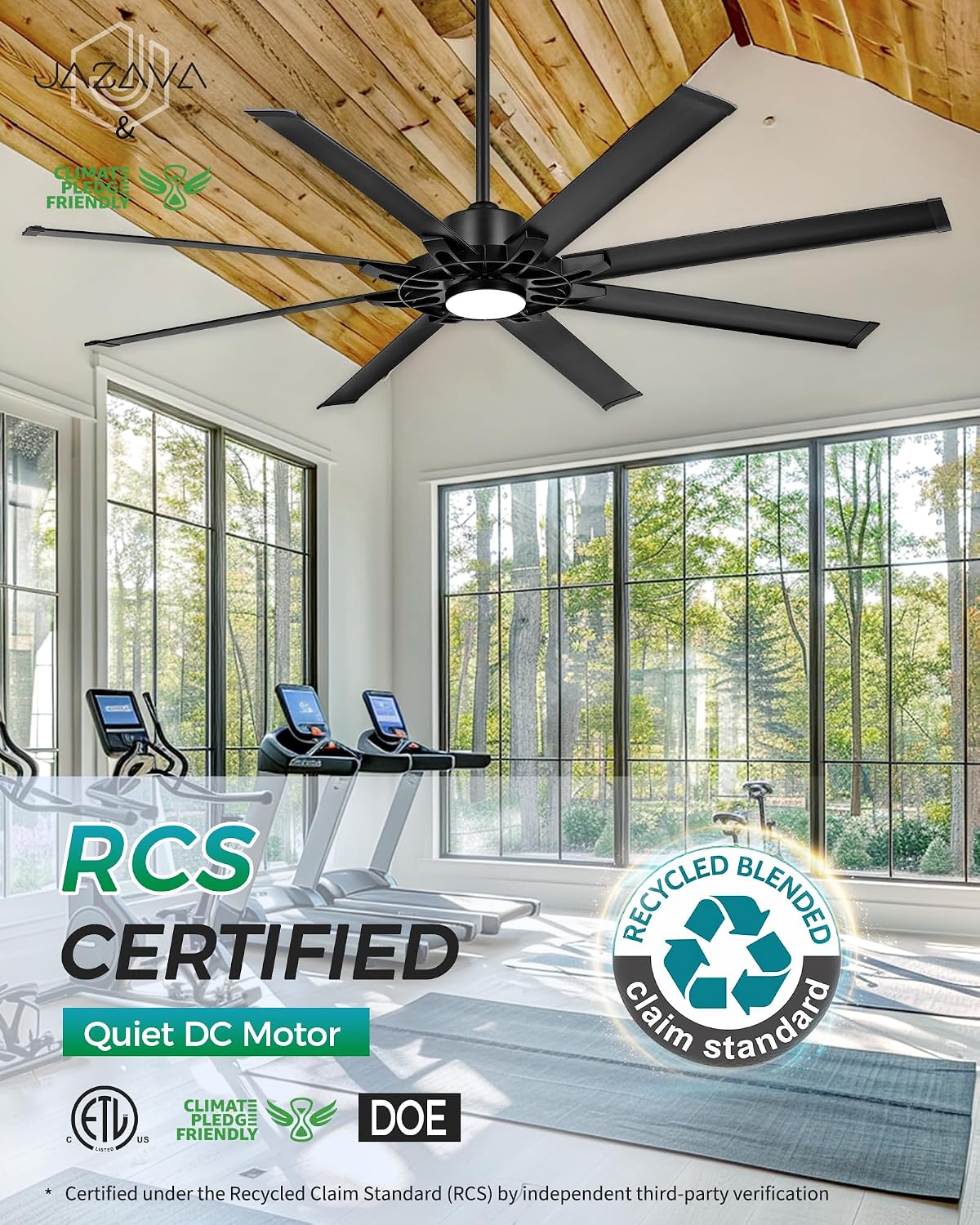 72 Inch Ceiling Fan With Light, Industrial Ceiling Fan With 8 Aluminium Metal Blades, Smart Fan Compatible with Alexa, Garage Indoor Fan For Living Room and Patio, ZCCF05ABK-72