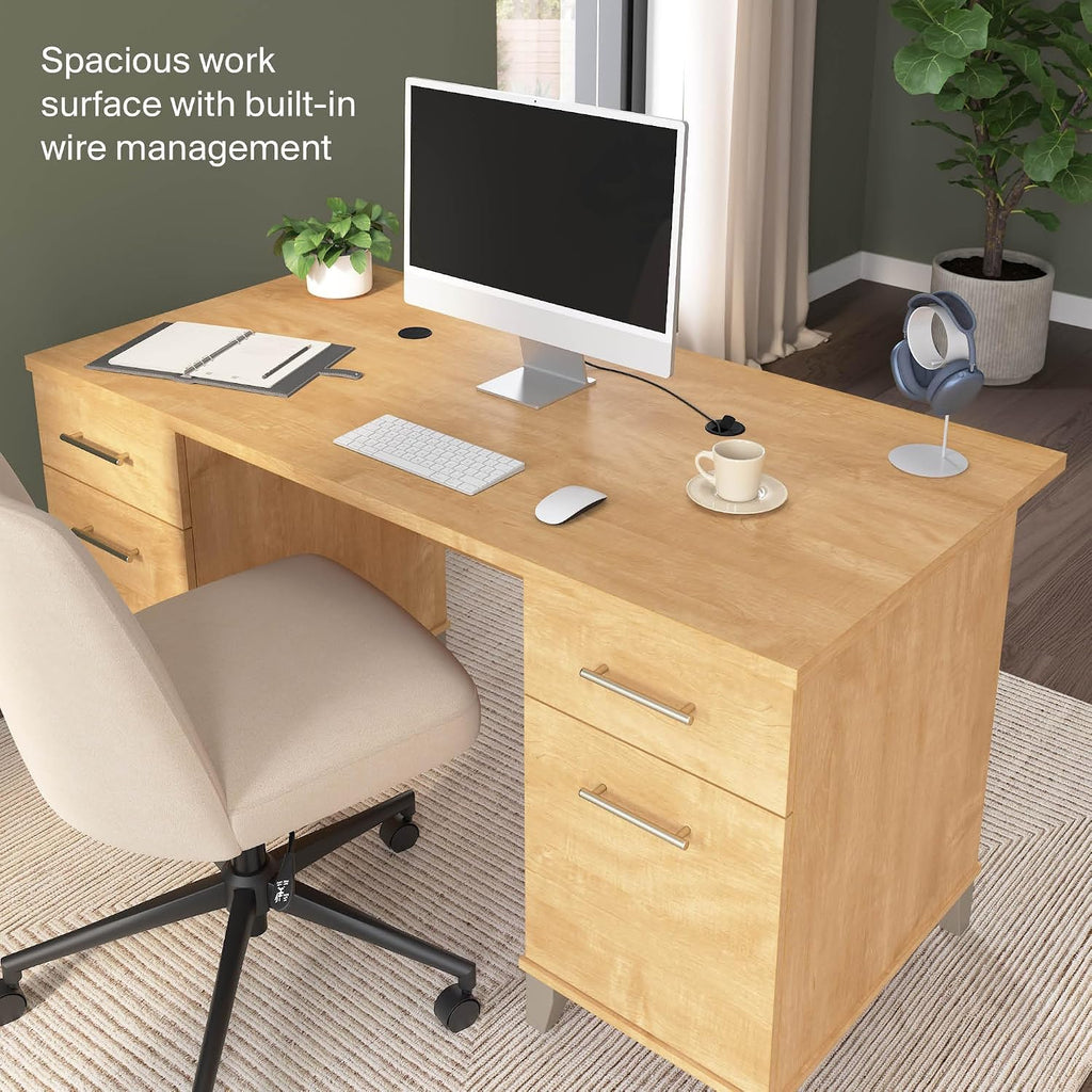 Bush Home 60-Inch Office Desk with Drawers, Computer Desk with File and Box Drawers, Home Office Workstation with Storage Cabinet, Writing Desk Furniture, Somerset Collection, Maple Cross