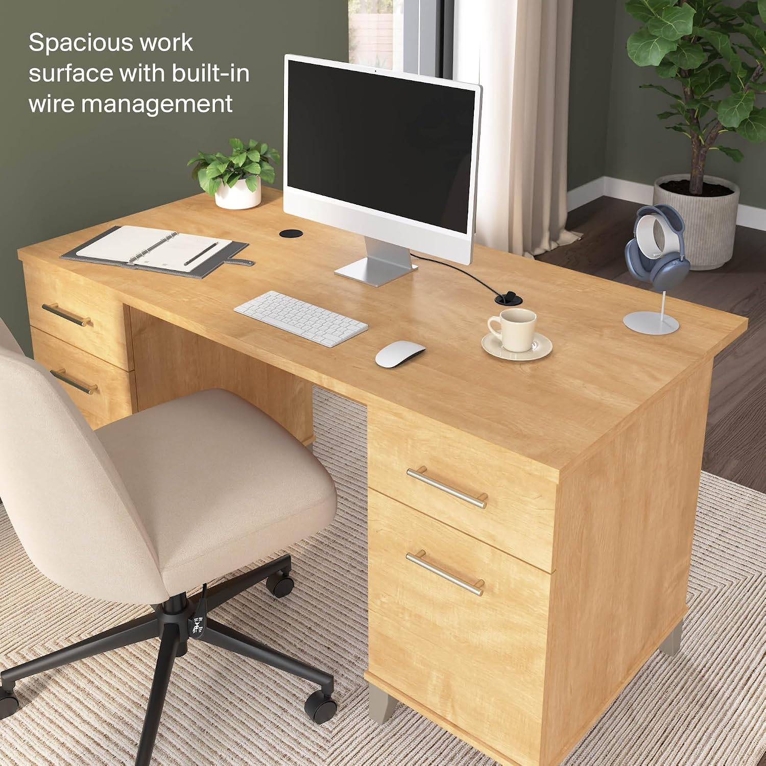 Bush Home 60-Inch Office Desk with Drawers, Computer Desk with File and Box Drawers, Home Office Workstation with Storage Cabinet, Writing Desk Furniture, Somerset Collection, Maple Cross