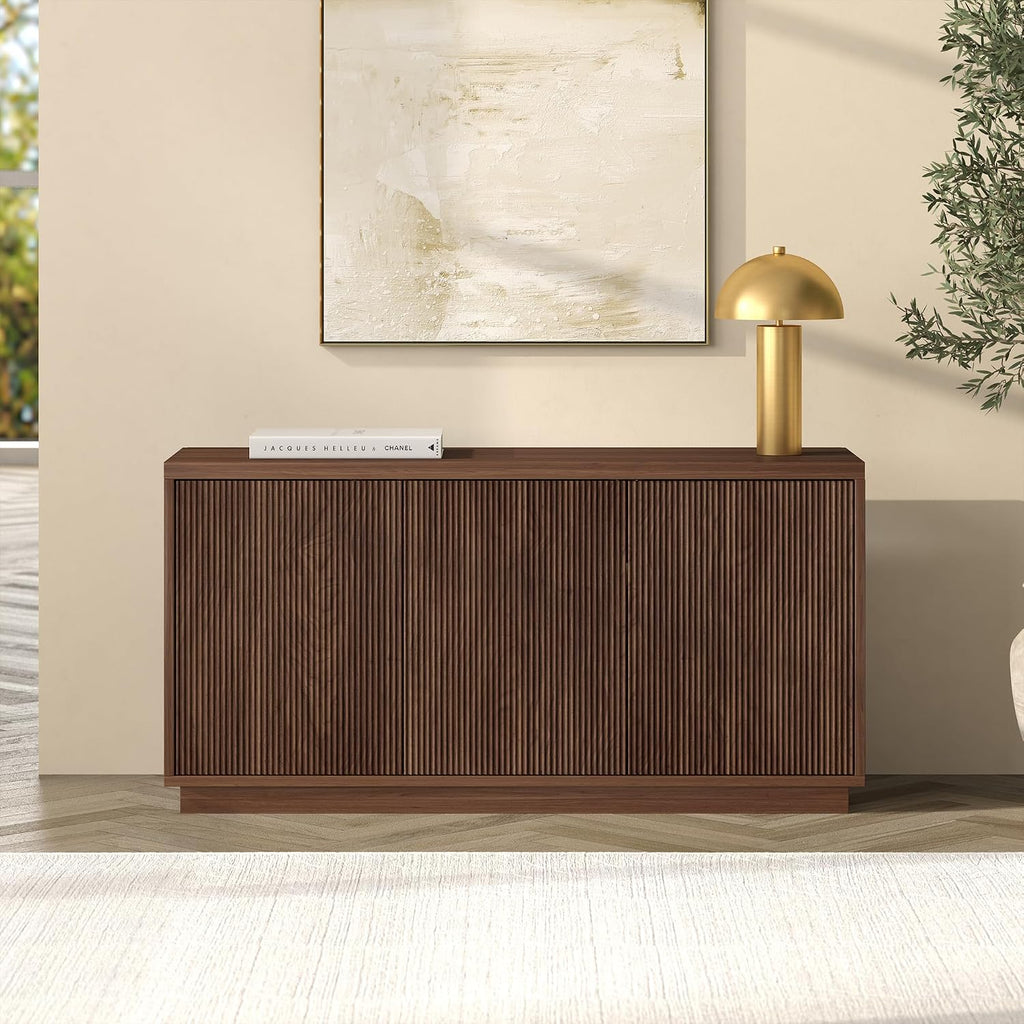 Henn&Hart Fluted TV Stand for TVs up to 55'' with 3 Swing Out Ribbed Doors and Adjustable Shelves for Living Room, Family Room, or Office, Medium Walnut