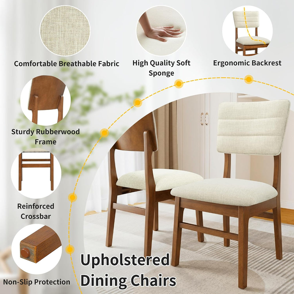 Merax 5 Piece Solid Wood Dining Table Set, Farmhouse Mid-Century Modern Table & 4 Upholstered Chairs for Home, Kitchen, Apartment, Space Saving, Brown+Biege