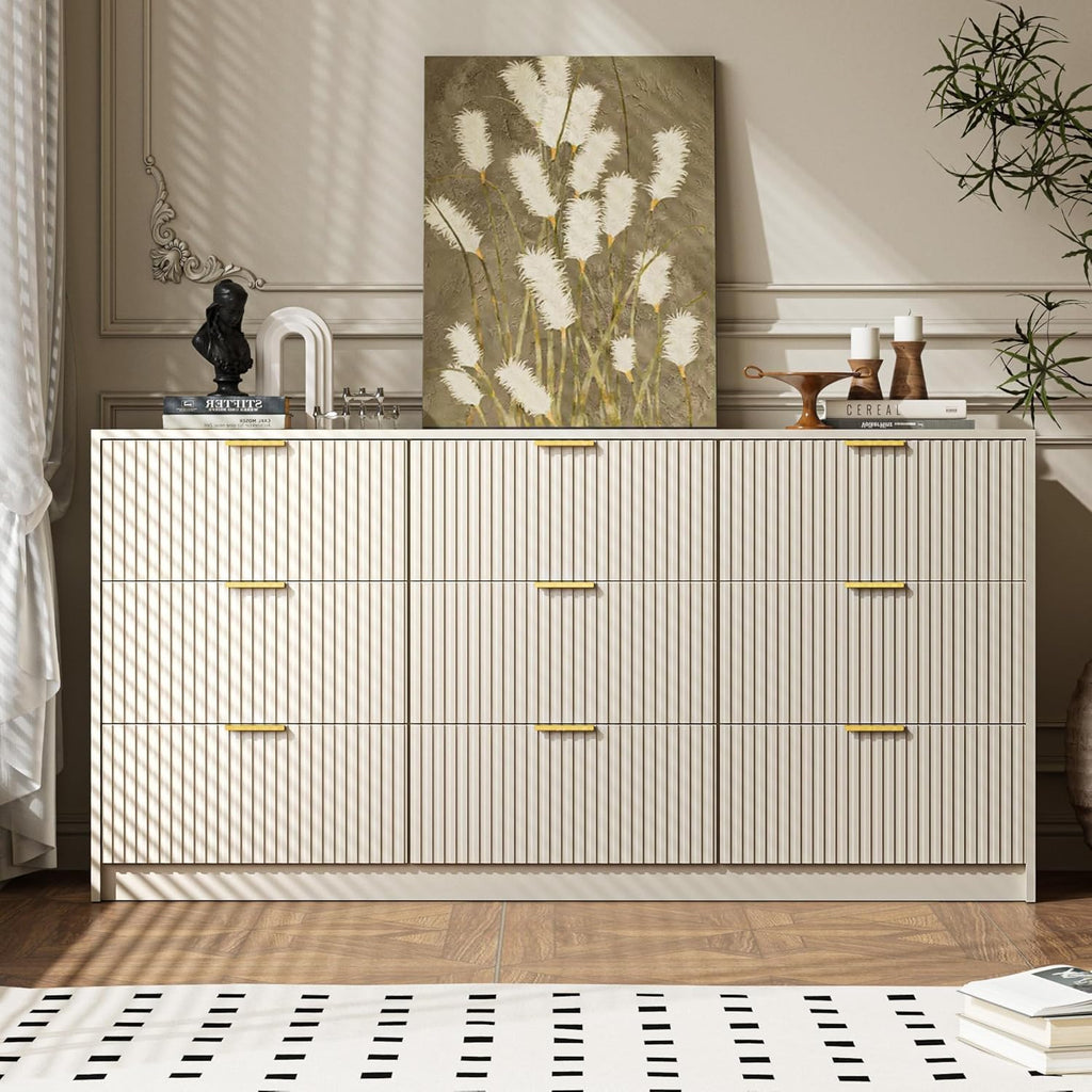 MAISONARIA Beige 9 Drawer Dresser for Bedroom, 63' Wide Modern Fluted Dresser with Gold Metal Handles, Chest of Drawers for Bedroom, Living Room, Entryway, Hallway