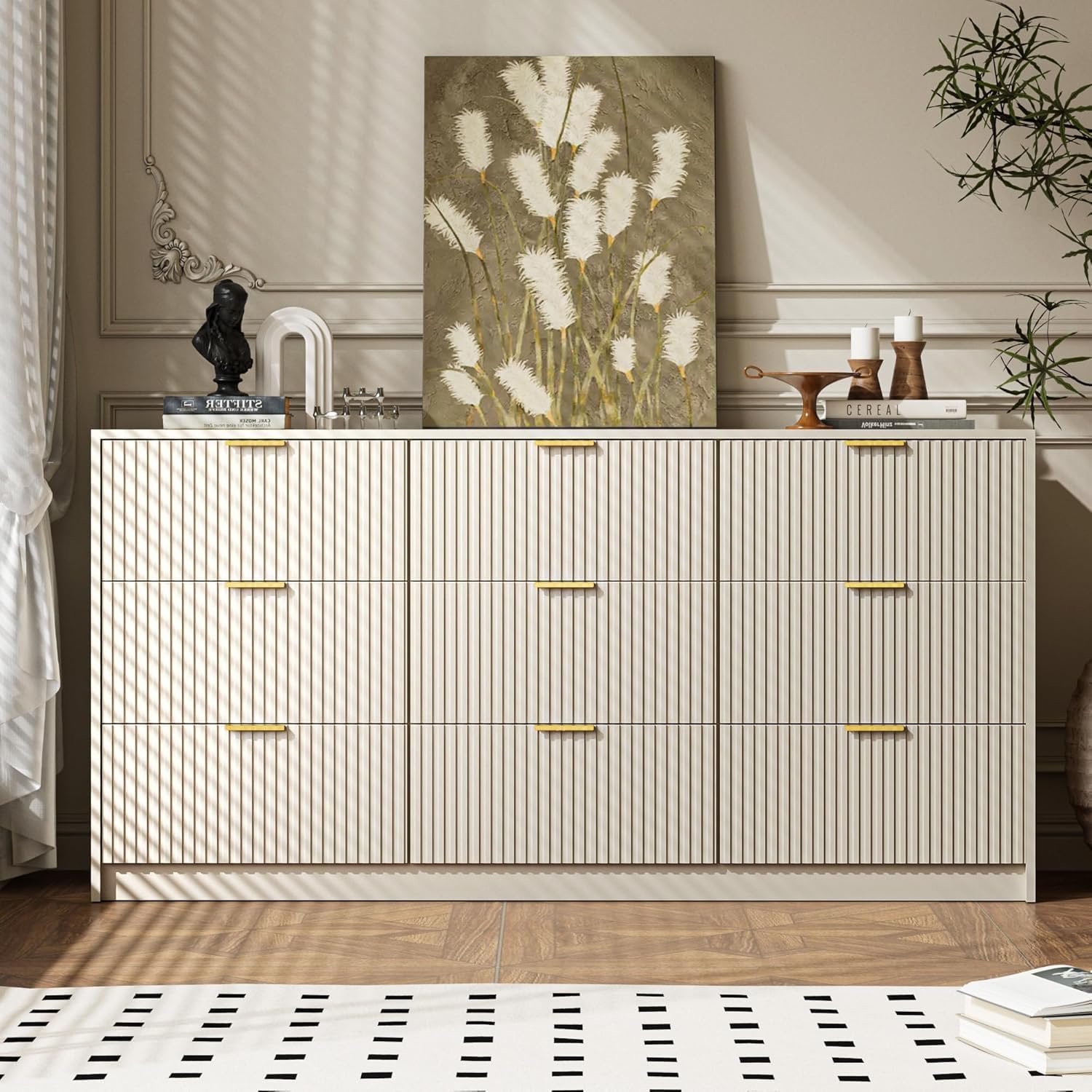 MAISONARIA Beige 9 Drawer Dresser for Bedroom, 63' Wide Modern Fluted Dresser with Gold Metal Handles, Chest of Drawers for Bedroom, Living Room, Entryway, Hallway