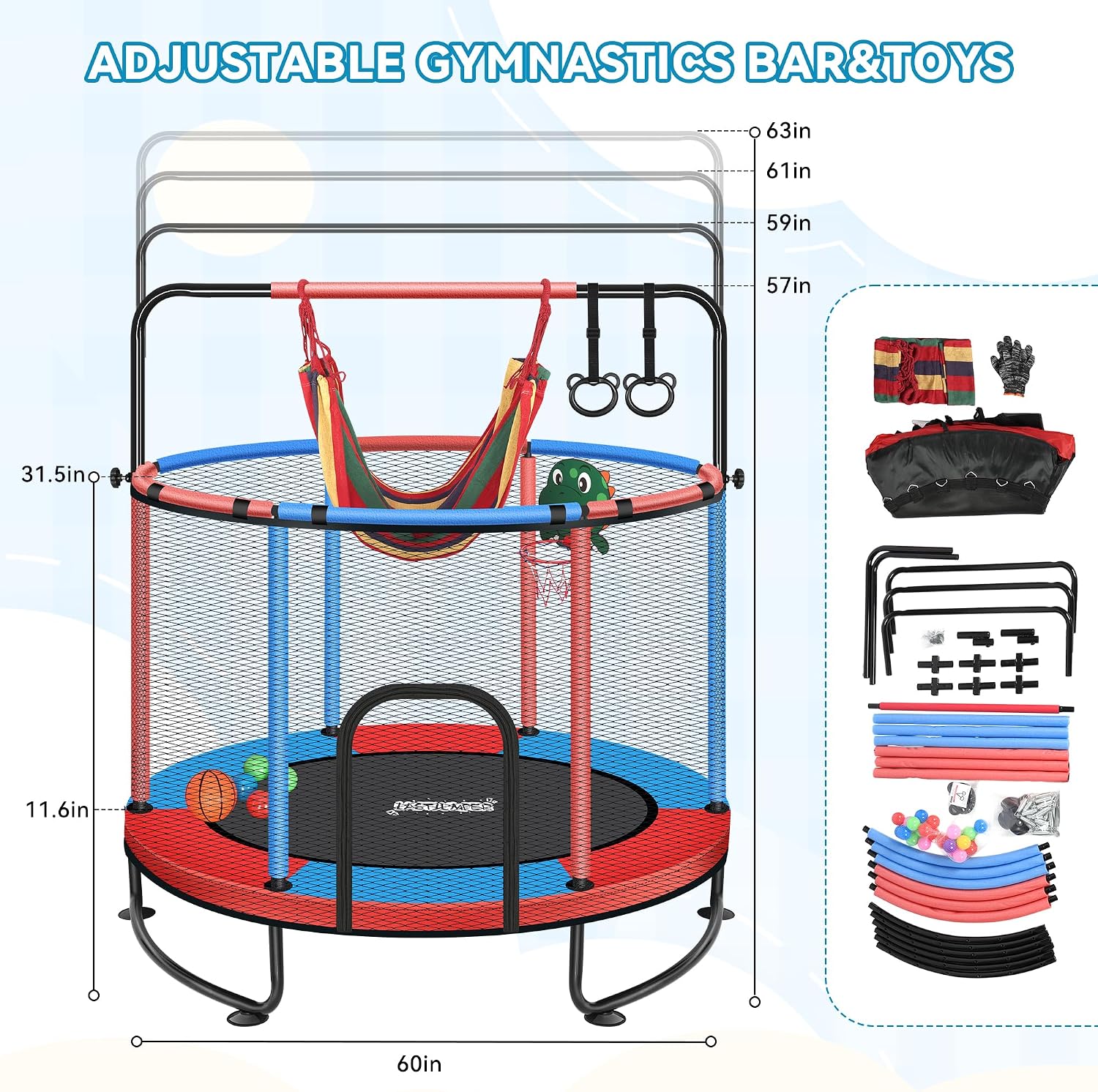 Mini Trampoline for Kids & Toddlers, Ages2-10 | Indoor & Outdoor, with Safety Enclosure Net, Basketball Hoop & Ocean Balls, Birthday Gift for Boy,Girl