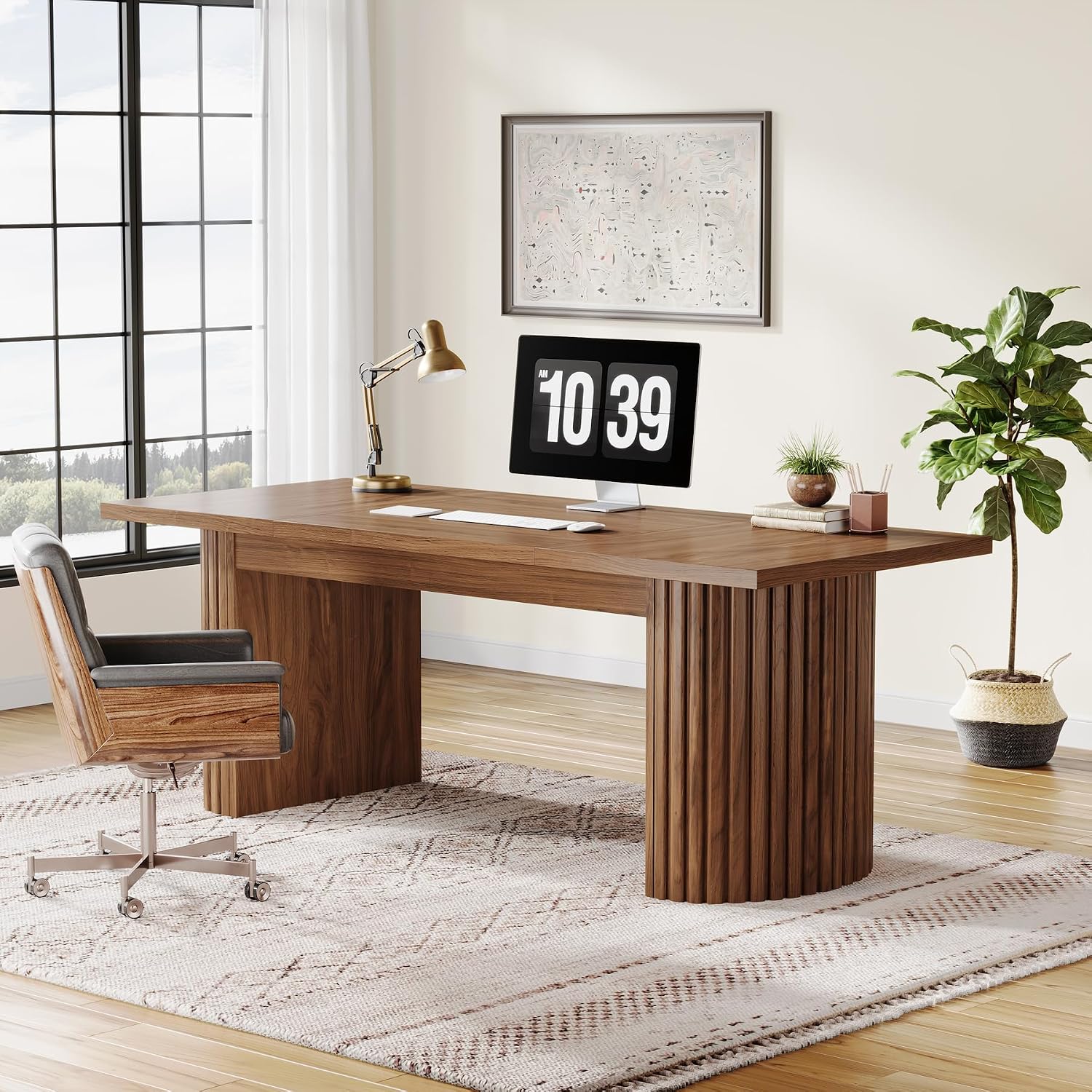 Tribesigns 78.74' Executive Desk, Large Farmhouse Computer Office Desk with Double Pedestal, Wooden Study Writing Table Workstation Conference Table for Home Office, Walnut (Brown)
