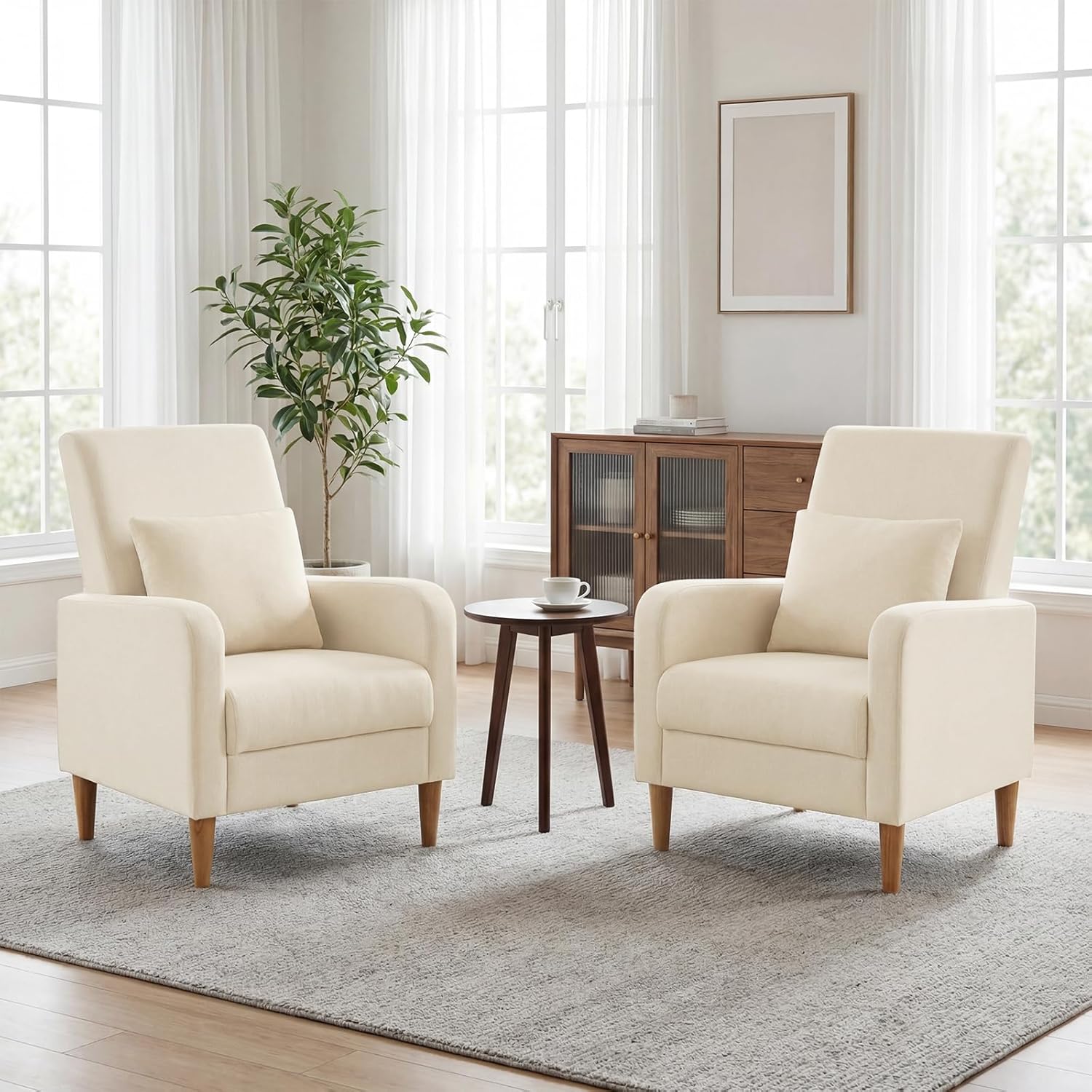 COLAMY Mid-Century Modern Upholstered Accent Chair with Back Pillow & Solid Wood Legs, Fabric Cozy Armchair for Living Room, Bedroom, Reading Nook, Apartment & Small Spaces, Beige