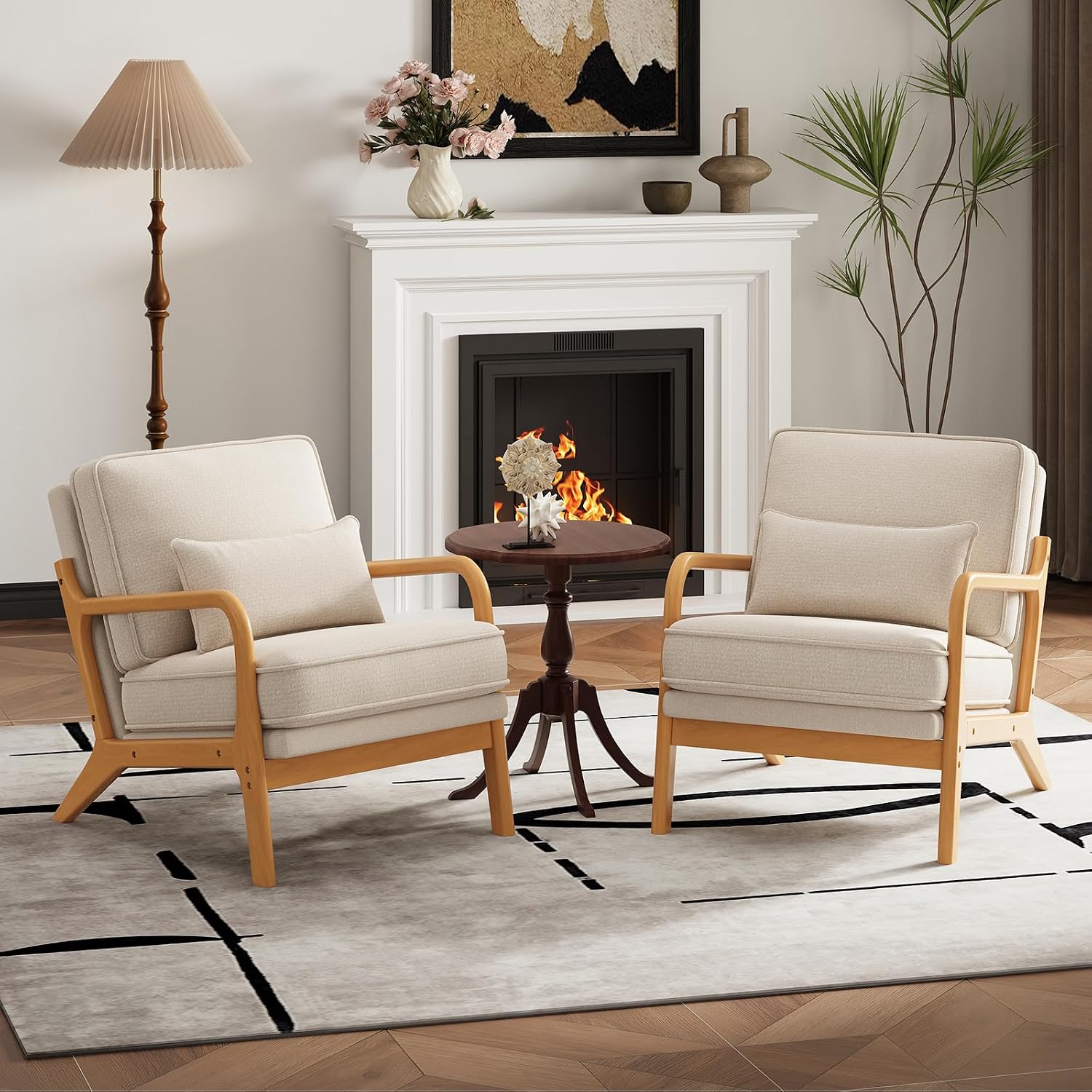 MALOL Modern Accent Chair Set of 2 with Lumbar Pillow, Relaxing Mid Century Chair Armchair with Solid Wood Frame & Soft Cushion, Reading Leisure Armchair for Living Room, Beige