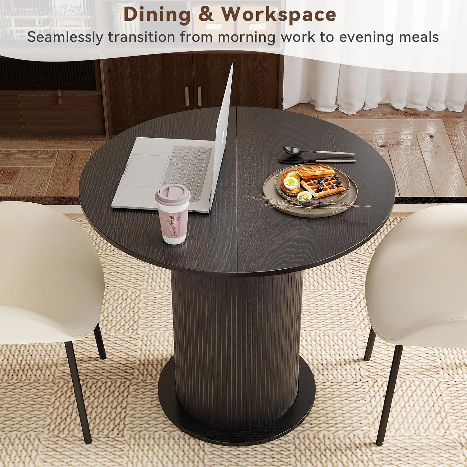 31.5 Inch Round Dining Table with Hidden Storage, Modern Fluted Pedestal Kitchen Table for Small Spaces, Circular Breakfast Nook Table with 2-Layer Shelves for Apartment Studio, Black