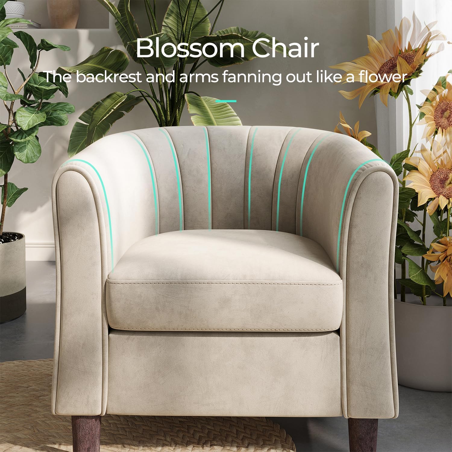 LINSY Accent Chair with Ottoman, Modern Barrel Chair Small Armchair Reading Chair with Footrest, Comfy Round Arms Chair for Living Room Bedroom Reading Room, Velvet, Beige